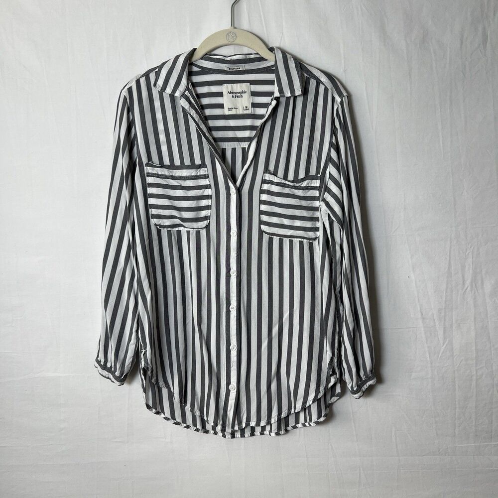 Abercrombie & Fitch Boyfriend Shirt Womens M Gray White Striped Button Front Top